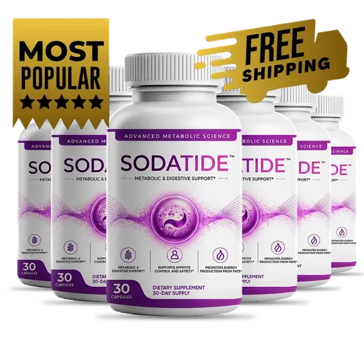 Six Sodatide bottles with Most Popular and Free Shipping badges