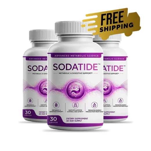 Three bottles of Sodatide with a free shipping badge