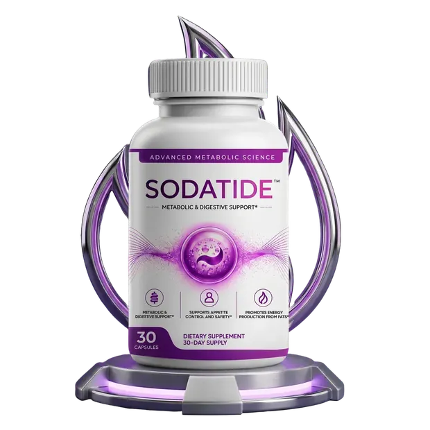 Sodatide bottle, 30 capsules, Metabolic & Digestive Support label, on a display stand