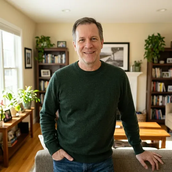 Smiling man in a green sweater standing in his living room