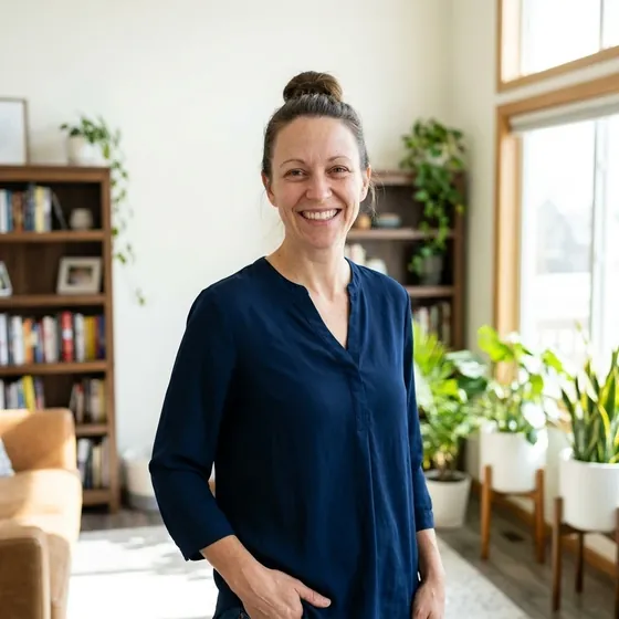 Smiling woman in a navy blouse standing in a bright room with plants