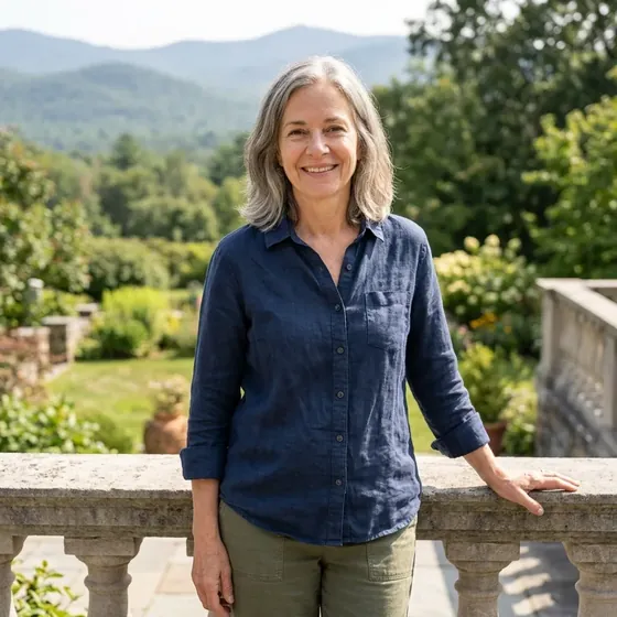 Woman with gray hair smiling on a garden terrace with mountains behind her