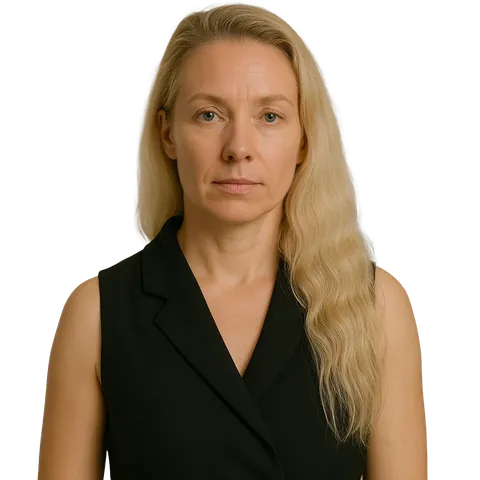 Portrait of a woman with long blond hair in a black top