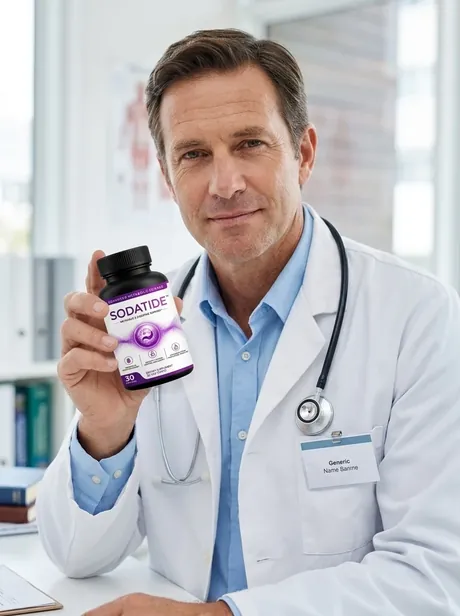 Man in a white coat holding a bottle of Sodatide in an office