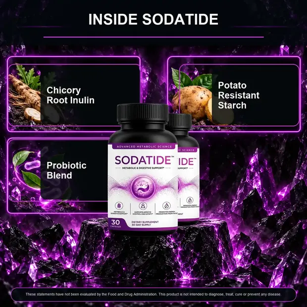 Inside Sodatide graphic: chicory root inulin, potato resistant starch and probiotic blend around the bottle