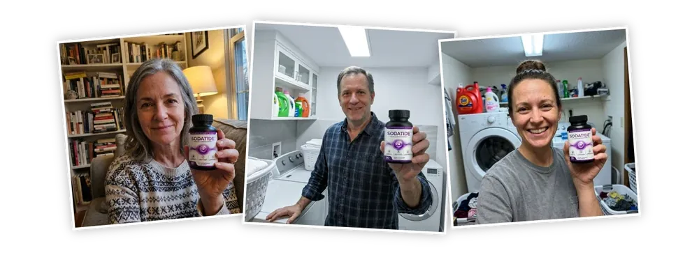 Three promotional photos of adults holding Sodatide bottles at home