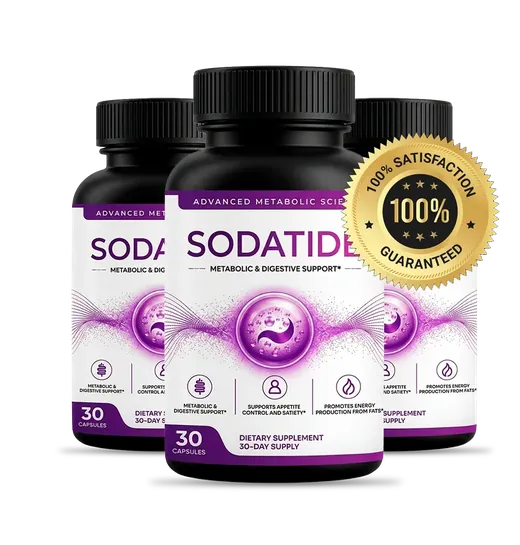 Three Sodatide bottles beside a gold 100% satisfaction guaranteed seal