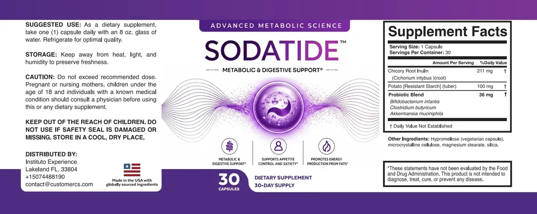 Full Sodatide label with suggested use, caution, distributor and the Supplement Facts panel